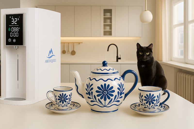 Arktisquelle mit Teekanne und Tassen auf einem Küchentresen.