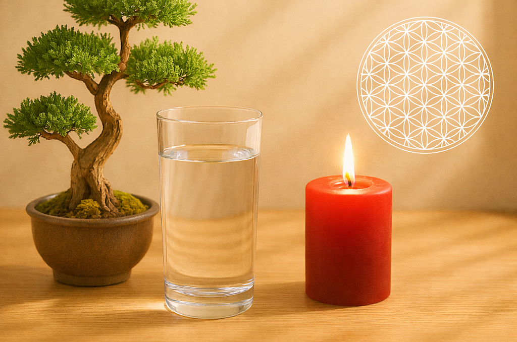 Bonsai, klares Wasser und brennende rote Kerze – Symbol für Ruhe, Balance und Energie.