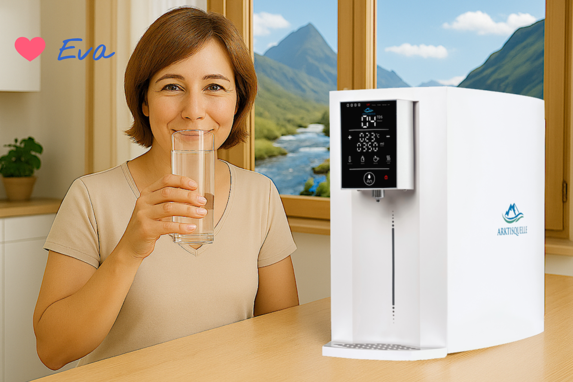 Eva mit einem Glas Wasser in ruhiger Alltagssituation.