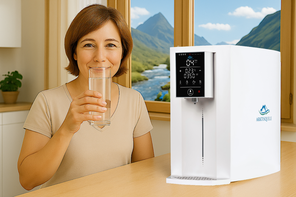 Ich bin Eva. Hier genieße ich ein Glas frisch gefiltertes Wasser – ein Moment der Ruhe, den mir die Arktisquelle jeden Tag schenkt.