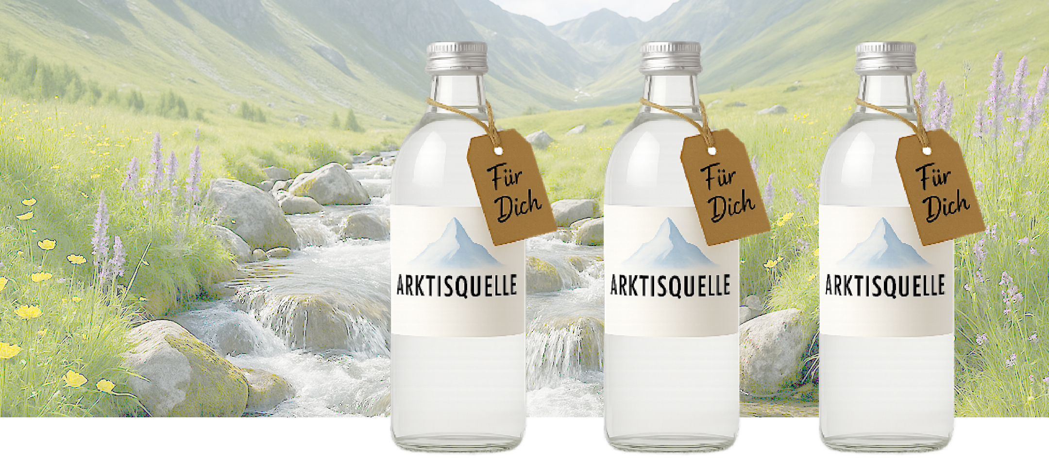 Drei Wasserflaschen gefüllt mit Wasser aus der Arktisquelle