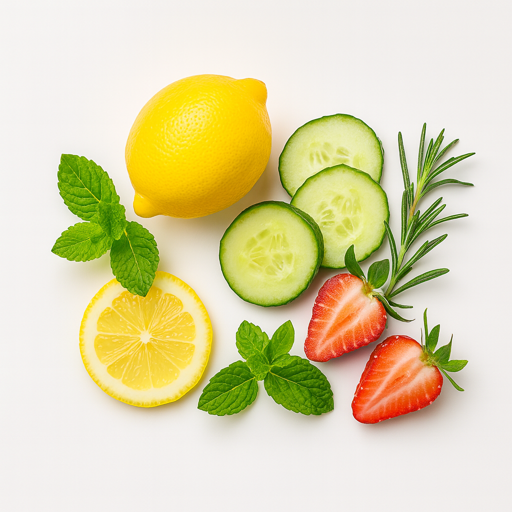 Natürliche Zutaten für aromatisiertes Wasser – Zitrone, Gurke, Erdbeere, Minze und Rosmarin als gesunde Ergänzung zum Arktisquelle Trinkwasser.