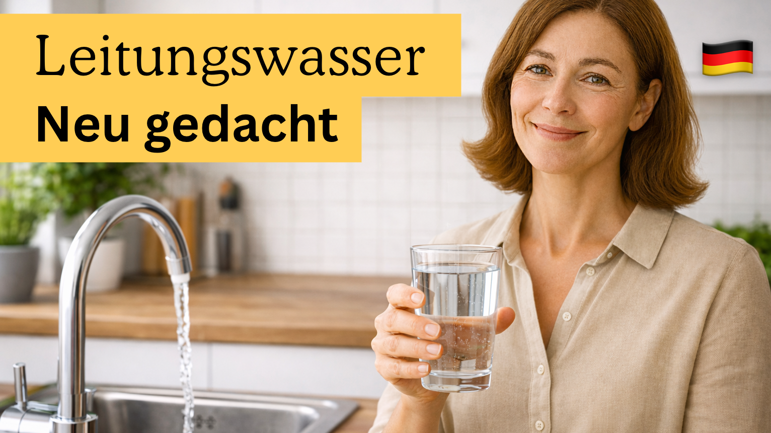Frau (Eva) hält ein Glas Leitungswasser in der Küche, Wasserhahn im Hintergrund.